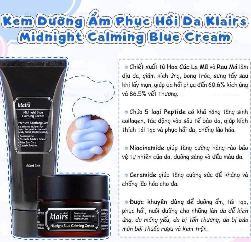 Kem dưỡng ẩm, phục hồi, làm dịu da Klairs Midnight Blue Calming Cream 60ml
